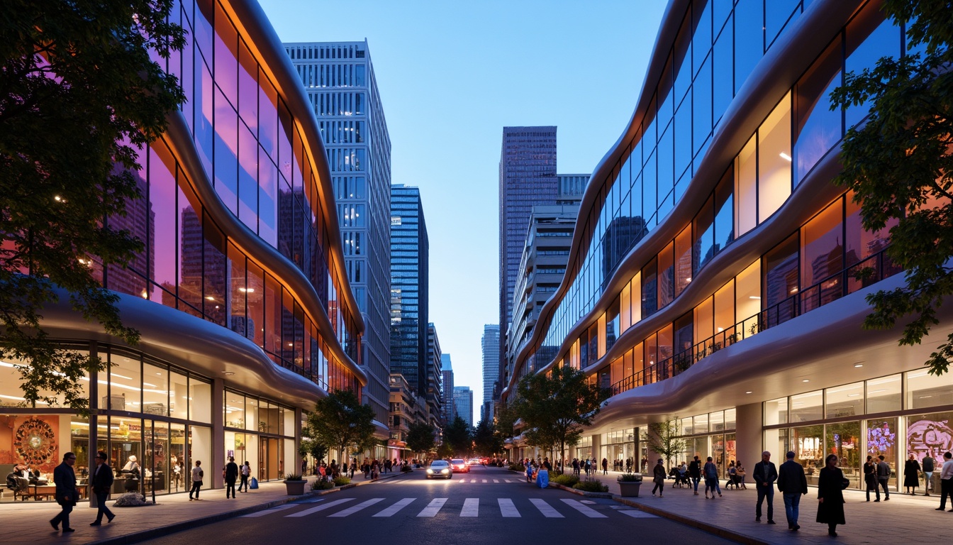 Prompt: Organic blob-shaped buildings, curved lines, iridescent colors, reflective surfaces, futuristic architecture, urban skyline, city streets, bustling pedestrians, vibrant street art, neon lights, evening atmosphere, soft misty lighting, shallow depth of field, 1/2 composition, low-angle shot, realistic textures, ambient occlusion.