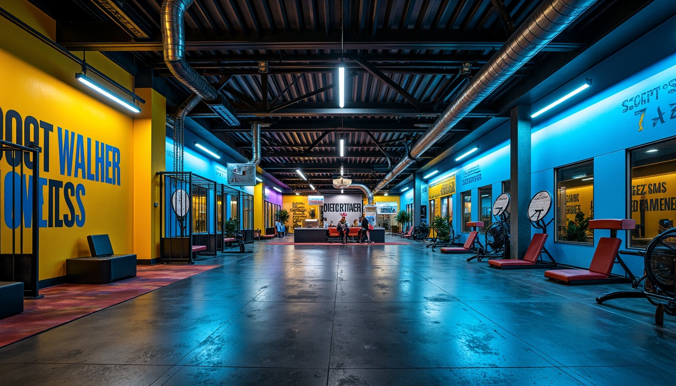 Prompt: Vibrant gym interior, bold color scheme, neon accents, industrial metal beams, polished concrete floors, modern LED lighting, dynamic sports equipment, motivational quotes, sleek athletic tracks, suspended basketball hoops, fitness-inspired murals, urban loft atmosphere, abstract geometric patterns, matte black textures, electric blue hues, warm yellow tones, high-contrast shadows, cinematic lighting effects, 1/1 composition, realistic reflections, ambient occlusion.