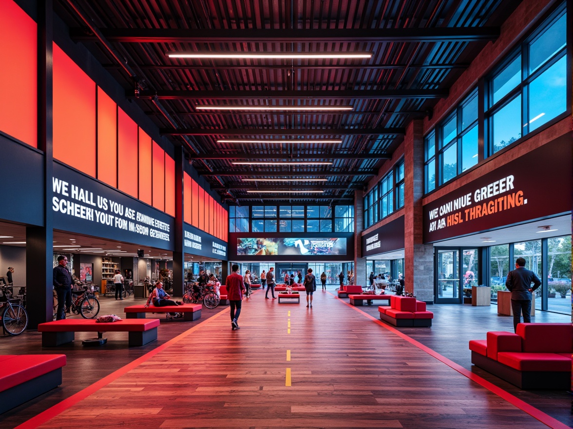 Prompt: Vibrant gymnasium interior, bold athletic colors, dynamic LED lighting, polished wooden floors, modern metallic equipment, sleek glass walls, motivational quotes, energetic atmosphere, high-ceiling architecture, spacious open layout, natural stone accents, bold typography, neon-lit corridors, 1/1 composition, shallow depth of field, warm color grading, realistic textures, ambient occlusion.