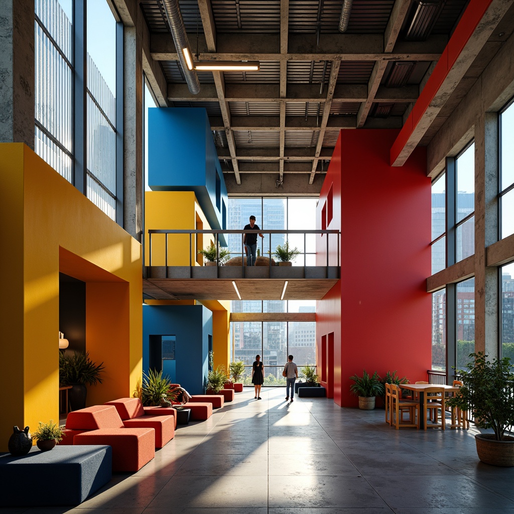 Prompt: Vibrant youth center, bold constructivist architecture, primary color scheme, bright red accents, deep blue tones, yellow highlights, geometric shapes, industrial materials, exposed pipes, concrete walls, metallic beams, modernist furniture, minimalist decor, urban cityscape, afternoon sunlight, high contrast lighting, dramatic shadows, 1/2 composition, realistic textures, ambient occlusion.