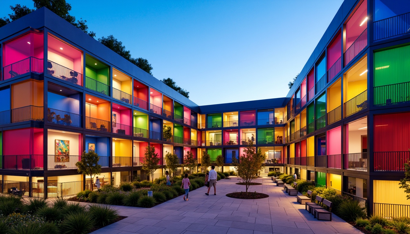 Prompt: Vibrant student dormitory, modern fa\u00e7ade design, dynamic LED lighting, geometric patterns, bold color schemes, futuristic materials, sustainable energy harvesting, solar panels, wind turbines, green roofs, eco-friendly walls, innovative cooling systems, shaded outdoor spaces, misting systems, sleek metal frames, minimalist aesthetics, angular lines, large windows, natural ventilation, abundant daylight, cozy communal areas, lively atmosphere, warm ambient lighting, 3/4 composition, panoramic view, realistic textures, ambient occlusion.