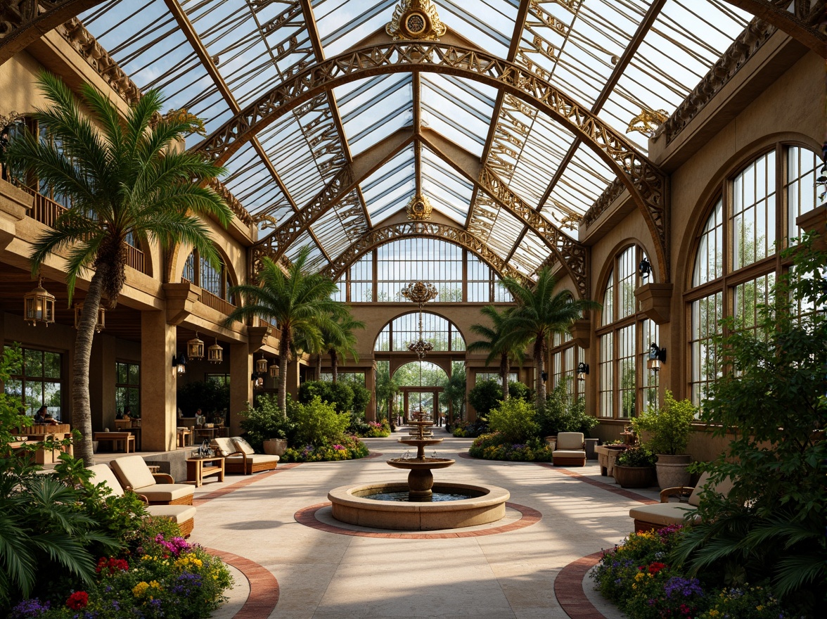 Prompt: Luxurious greenhouse, Art Deco ornate details, geometric metal framework, elegant glass roofing, exotic tropical plants, lush greenery, vibrant flowers, intricately patterned flooring, ornate fountains, lavish decorative accents, luxurious textiles, metallic finishes, bronze hardware, opulent chandeliers, warm golden lighting, shallow depth of field, 1/1 composition, symmetrical view, realistic reflections, ambient occlusion.