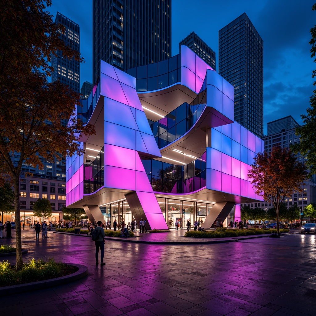 Prompt: Futuristic music venue exterior, neon-lit LED walls, sleek metallic cladding, angular lines, dynamic curves, LED light strips, mirrored glass fa\u00e7ade, parametric architecture, 3D-printed acoustic panels, high-gloss finishes, iridescent colors, urban cityscape backdrop, bustling nightlife atmosphere, vibrant street art, graffiti murals, nighttime illumination, shallow depth of field, 1/2 composition, cinematic lighting, realistic reflections.