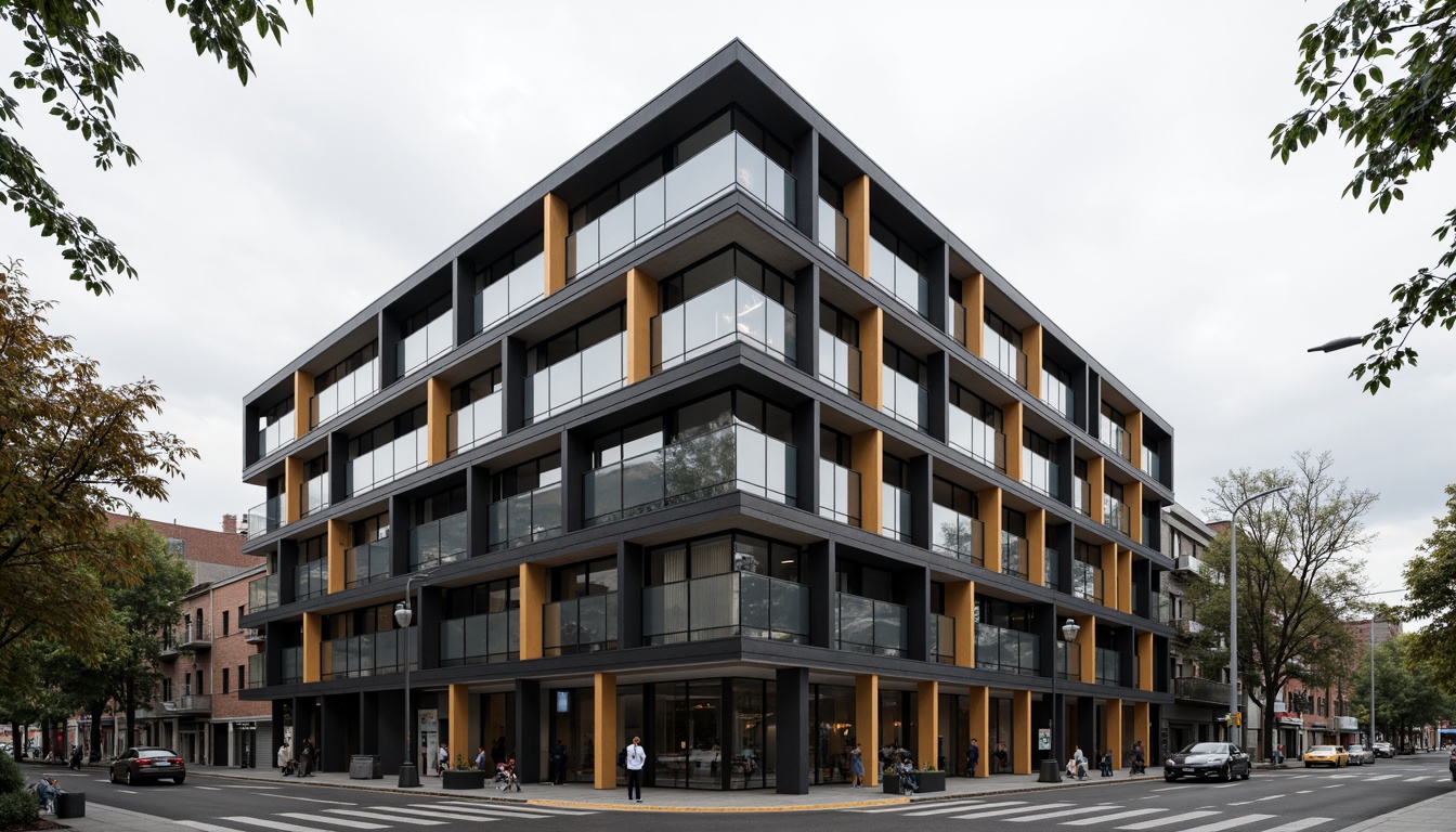 Prompt: Geometric Bauhaus building, asymmetrical facade, rectangular windows, industrial metal frames, bold color blocking, cantilevered structures, functional simplicity, clean lines, minimal ornamentation, abstract art installations, urban cityscape, overcast sky, dramatic shadows, high-contrast lighting, 1/1 composition, graphic textures, architectural photography.