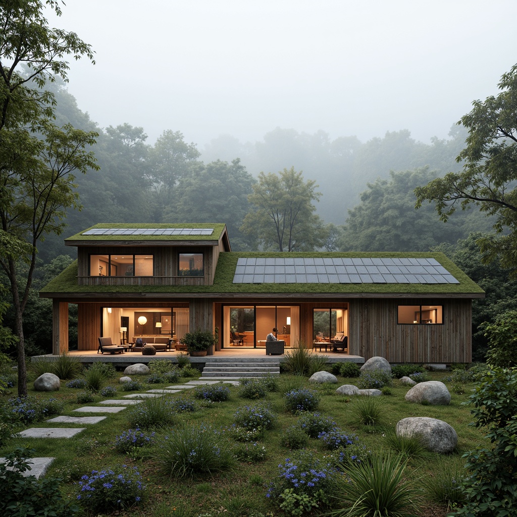 Prompt: Sustainable eco-lodge, reclaimed wood exterior, green roof, solar panels, wind turbines, rainwater harvesting system, organic garden, natural stone pathways, earthy tones, minimalist interior design, recycled materials, low-carbon footprint, energy-efficient appliances, large windows, natural ventilation, soft warm lighting, 1/1 composition, realistic textures, ambient occlusion, serene forest surroundings, misty morning atmosphere.