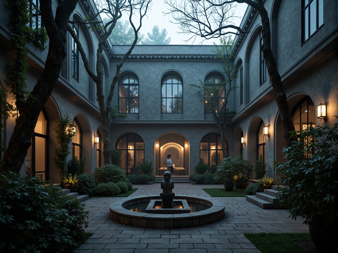 Prompt: Mysterious office courtyard, dark grey stone walls, overgrown ivy, twisted tree branches, lantern-style streetlights, foggy misty morning, ornate iron gates, intricate stonework patterns, pointed arches, ribbed vaults, grand entrance hallways, lavish water features, koi ponds, mysterious statues, eerie ambiance, low-key warm lighting, atmospheric fog effects, cinematic composition, dramatic shadows, rich textures.