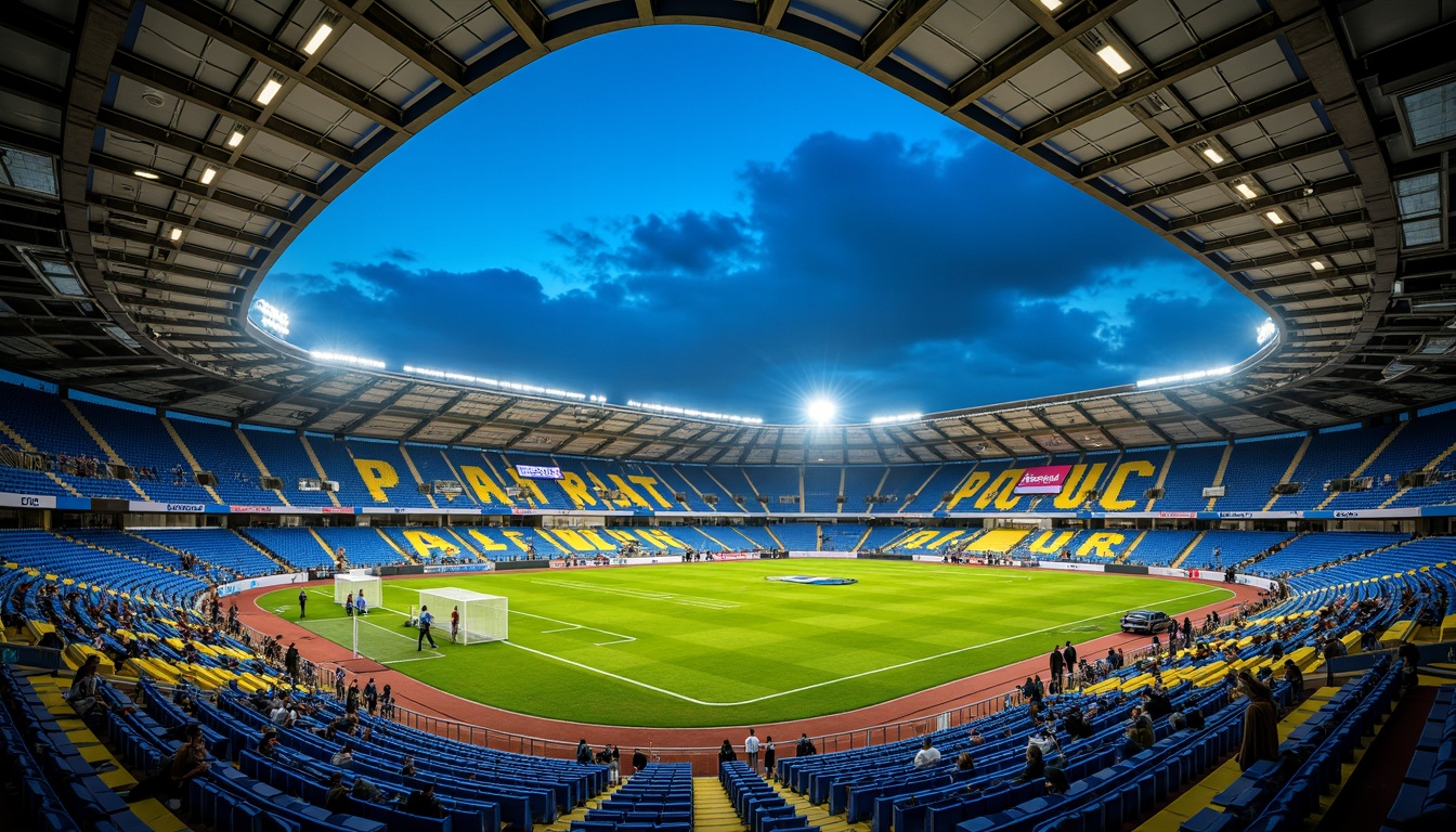 Prompt: Vibrant sports stadium, bold color scheme, energetic atmosphere, bright floodlights, electric blue seats, sunny yellow accents, deep green turf, modern architectural design, sleek metallic structures, dynamic crowd movement, fast-paced action, high-contrast lighting, dramatic shadows, 1/2 composition, low-angle shot, realistic textures, ambient occlusion.