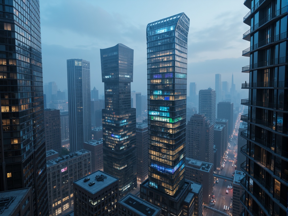 Prompt: Futuristic skyscrapers, sleek metallic towers, angular geometric shapes, neon-lit cityscape, misty atmospheric effects, towering heights, imposing structures, reflective glass surfaces, minimalist design, vibrant LED lights, cyberpunk atmosphere, distant foggy horizon, low-angle shot, dramatic lighting, high-contrast colors, intricate circuit patterns, holographic projections, 3D mapping visuals, futuristic urban planning, sustainable energy systems.