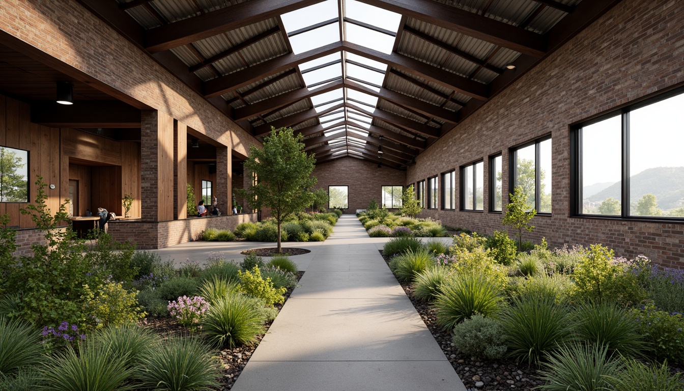 Prompt: Industrial warehouse, exposed brick facade, metal roof trusses, clerestory windows, natural ventilation, reclaimed wood accents, living green walls, rooftop gardens, urban agriculture, integrated water harvesting systems, grey water reuse, rainwater collection, permeable pavement, native plant species, wildflower meadows, rusty metal tones, weathered wood textures, soft diffused lighting, high contrast ratios, 2/3 composition, atmospheric perspective, cinematic depth of field.