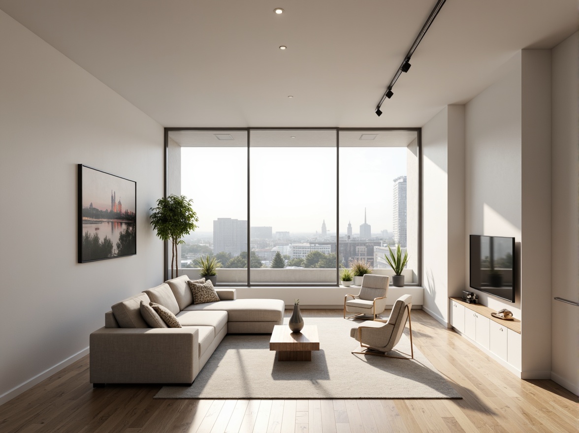 Prompt: Minimalist living room, white walls, polished wooden floor, low-profile furniture, sleek lines, monochromatic color scheme, natural light, floor-to-ceiling windows, sliding glass doors, urban city view, morning sunlight, soft warm lighting, 1/1 composition, realistic textures, ambient occlusion, functional storage spaces, hidden kitchen appliances, compact bathroom design, walk-in closet, neutral-toned fabrics, industrial-style decor accents.