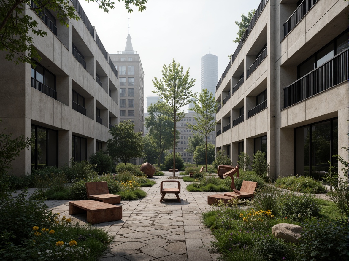 Prompt: Rugged brutalist building, exposed concrete walls, industrial metal accents, asymmetrical composition, fragmented stone pavers, overgrown vegetation, wildflower meadow, weathered wood benches, rusted steel sculptures, abstract geometric planters, harsh dramatic lighting, low-angle shot, atmospheric fog effect, muted color palette, dense tree canopy, urban cityscape background, functional drainage systems, industrial-style water features.