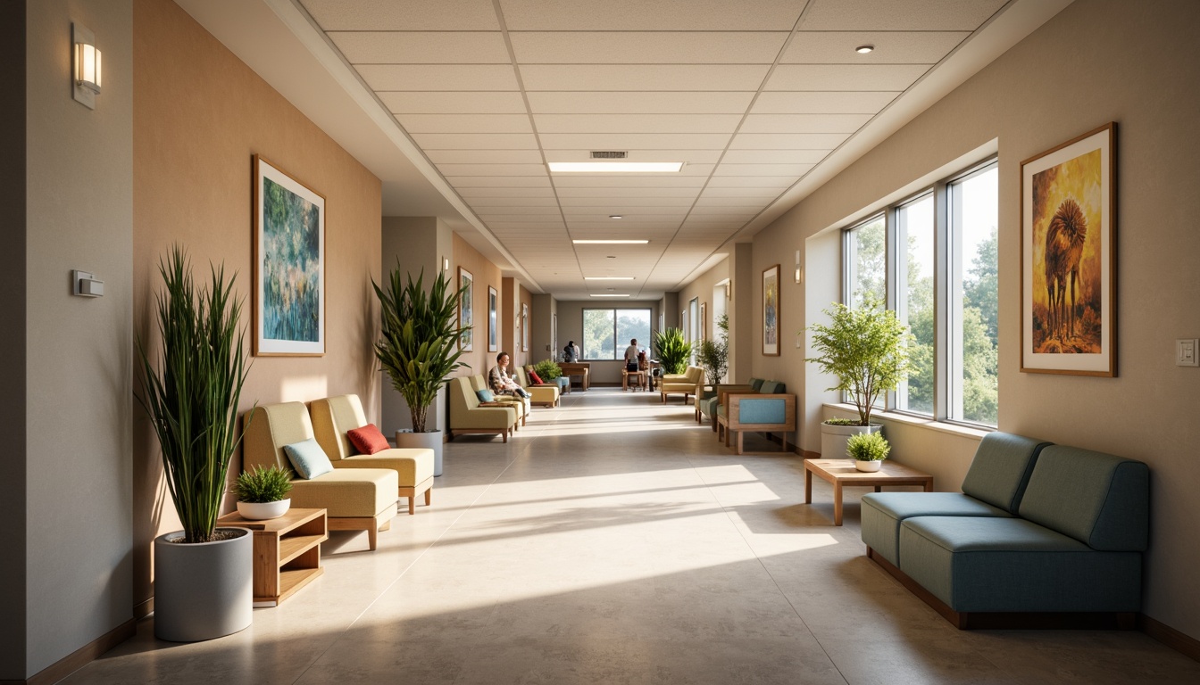 Prompt: Calming hospital corridors, soft warm glow, gentle ambient lighting, natural daylight, minimal shadows, comfortable waiting areas, soothing color schemes, acoustic ceiling tiles, sound-absorbing materials, peaceful atmosphere, subtle LED strips, modern fixture designs, energy-efficient solutions, warm beige tones, calming blue hues, relaxed seating arrangements, quiet reading nooks, peaceful art installations, natural textiles, organic-inspired patterns.