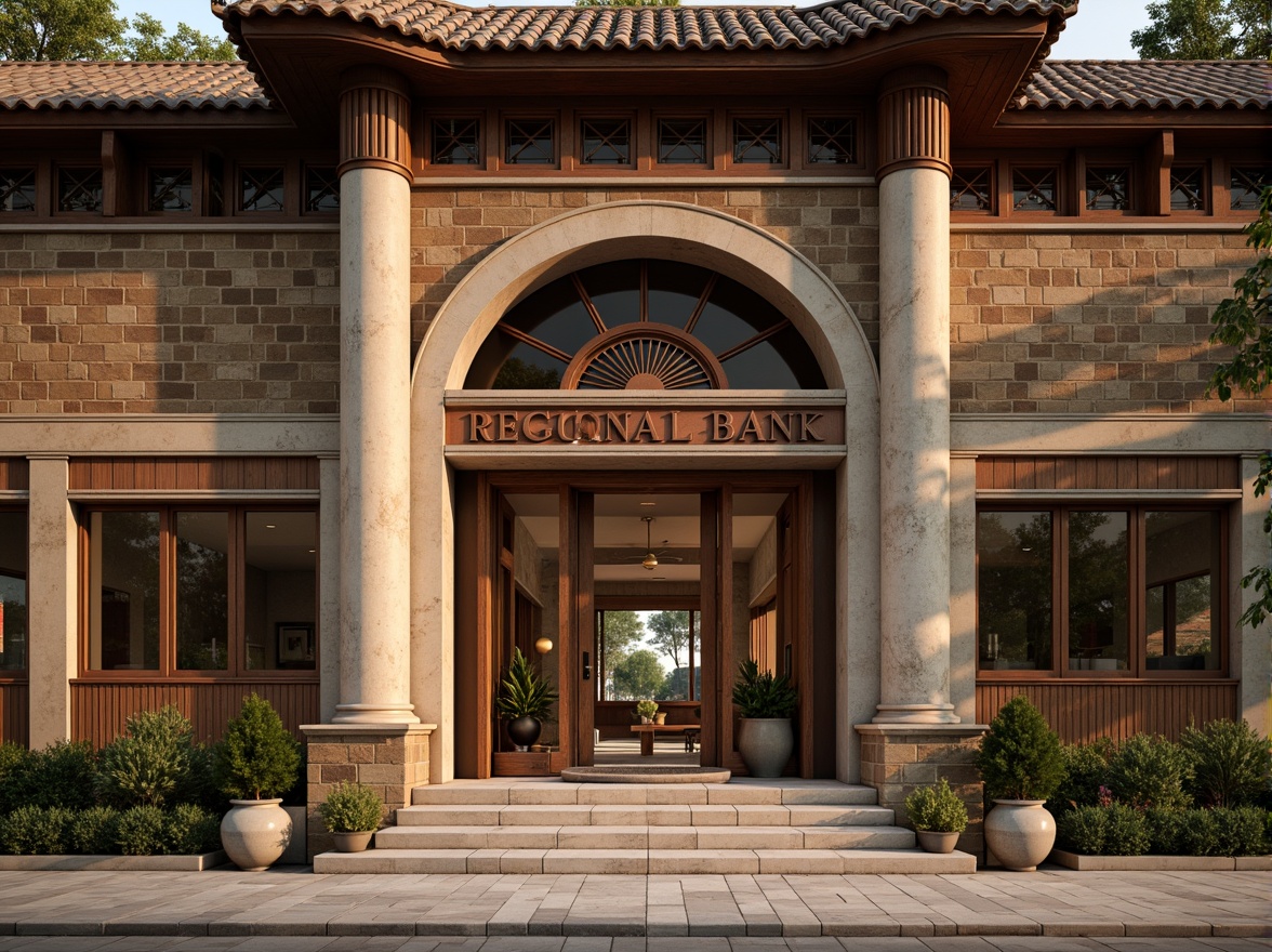 Prompt: Rustic regional bank building, earthy tones, natural stone fa\u00e7ade, wooden accents, exposed brick walls, curved lines, traditional roof tiles, ornate metalwork, grand entrance hall, high ceilings, marble floors, classic columns, warm lighting, soft shadows, 1/1 composition, realistic textures, ambient occlusion.