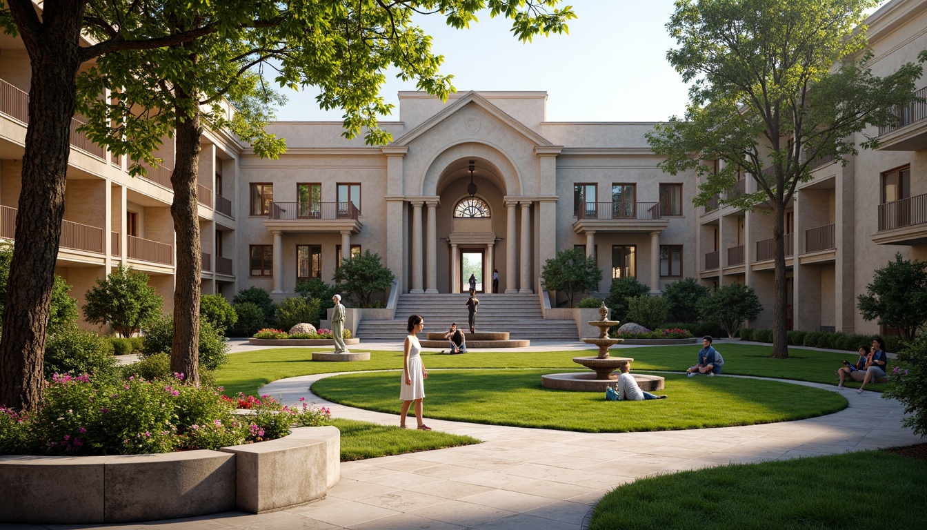 Prompt: Elegant museum entrance, manicured lawns, ornamental fountains, walking paths, ornate benches, academic sculptures, vibrant flowerbeds, rustic stone walls, historic lampposts, classic architectural details, grand staircases, imposing columns, natural stone flooring, sophisticated lighting fixtures, soft warm ambiance, shallow depth of field, 1/1 composition, realistic textures, ambient occlusion.