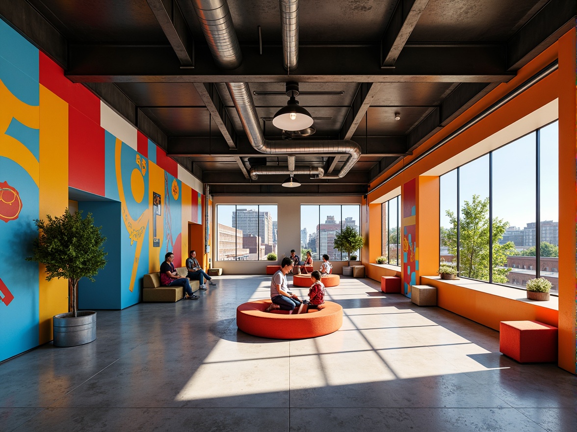 Prompt: Vibrant youth center, bold geometric shapes, bright primary colors, abstract murals, industrial metal beams, exposed ductwork, polished concrete floors, neon signage, modernist furniture, angular architecture, urban cityscape, sunny afternoon, high contrast lighting, shallow depth of field, 2/3 composition, realistic textures, ambient occlusion.