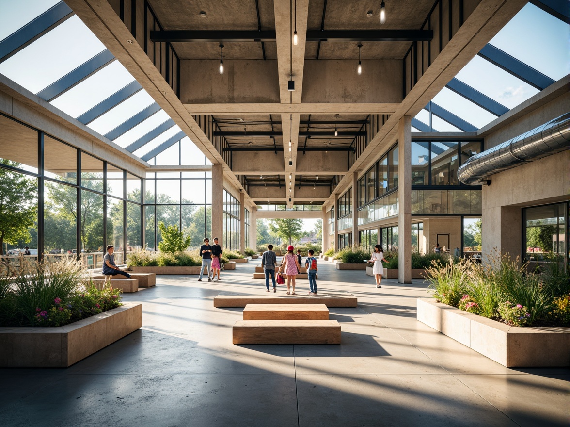 Prompt: Vibrant youth center, open floor plan, high ceilings, clerestory windows, skylights, transparent glass walls, minimalist decor, polished concrete floors, exposed ductwork, industrial chic aesthetic, abundant natural light, sunny day, soft warm glow, shallow depth of field, 3/4 composition, panoramic view, realistic textures, ambient occlusion.