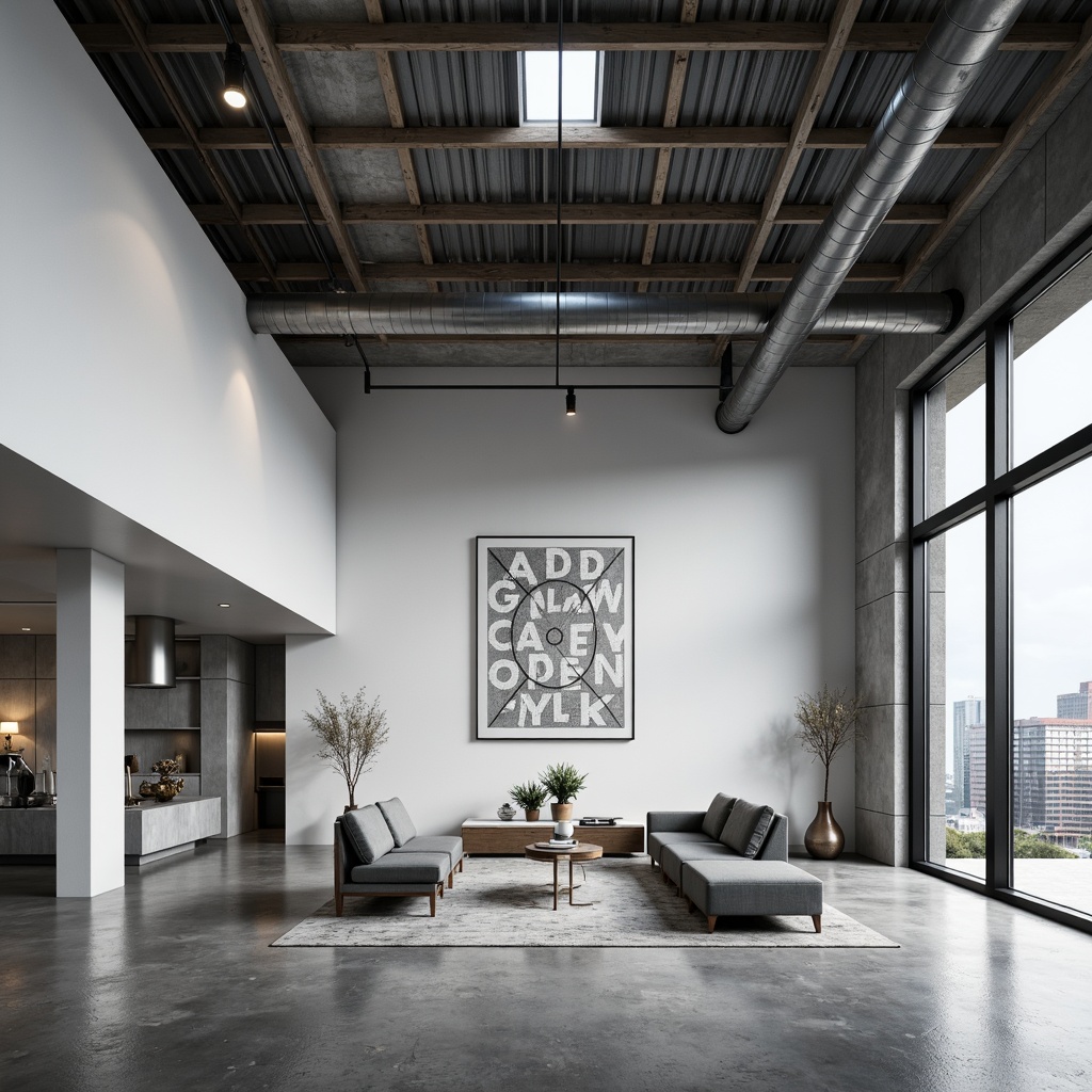 Prompt: Minimalist open floor plan, industrial materials, exposed ductwork, polished concrete floors, functional spaces, geometric shapes, rectangular forms, clean lines, monochromatic color scheme, abundant natural light, floor-to-ceiling windows, sliding glass doors, urban cityscape views, modern furniture pieces, sleek metal accents, bold typography, artistic installations, abstract sculptures, 1/1 composition, high contrast lighting, realistic textures, ambient occlusion.