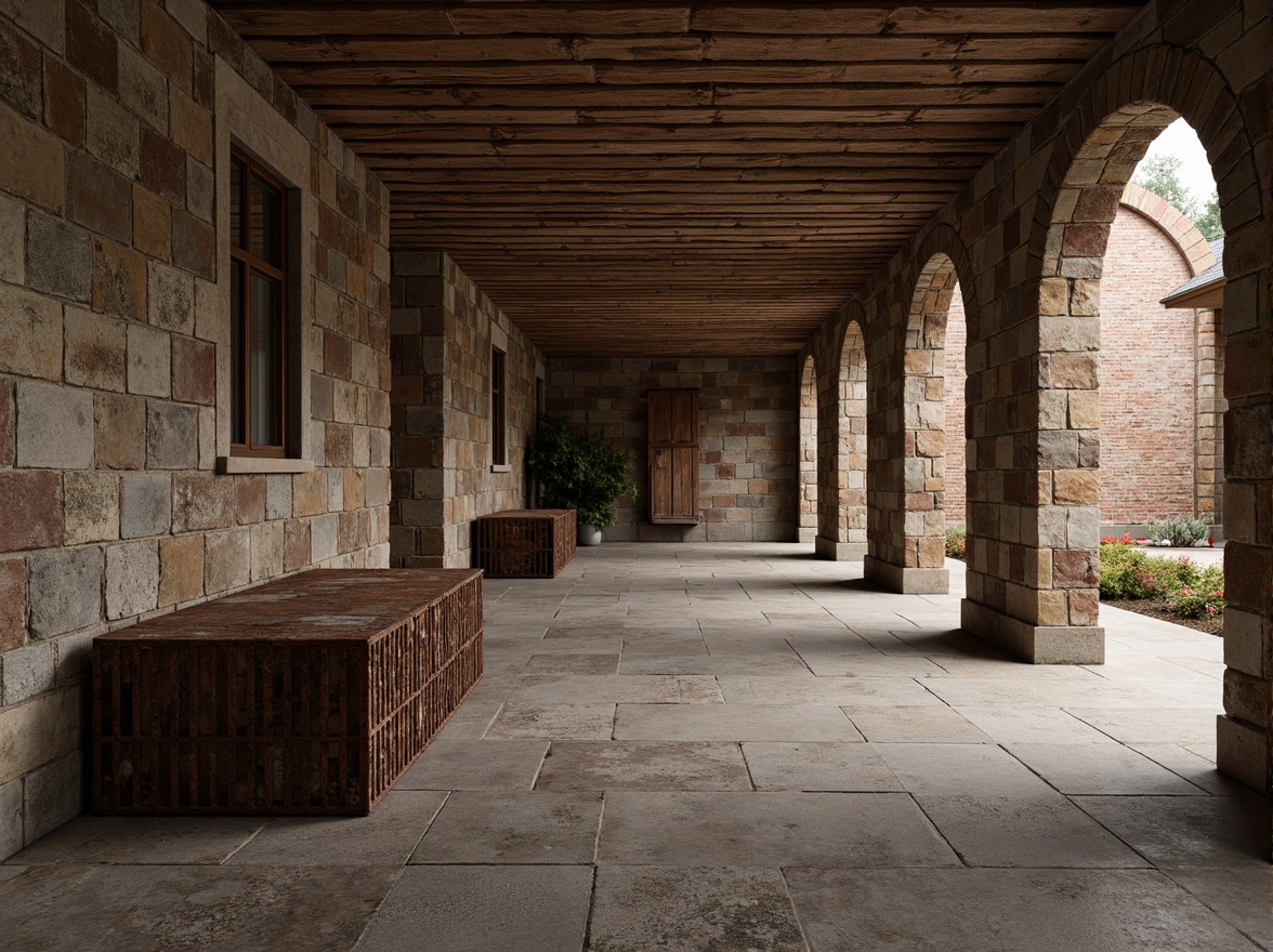 Prompt: Rough stone walls, weathered wooden planks, rusty metal grates, distressed concrete floors, tactile brick facades, organic natural forms, earthy color palette, warm ambient lighting, shallow depth of field, 1/1 composition, realistic textures, ambient occlusion, detailed normal maps, subtle specular highlights.