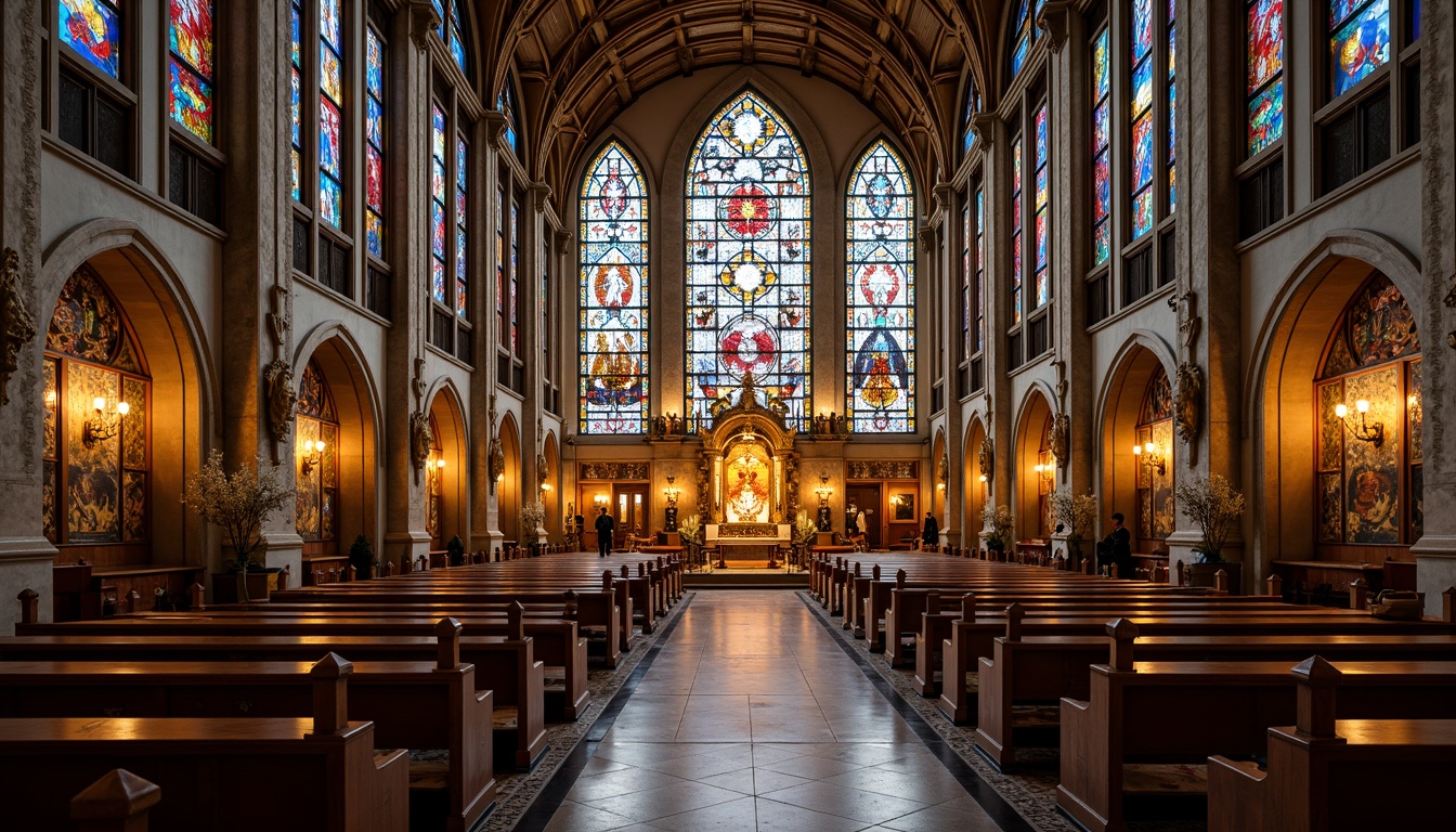 Prompt: Vibrant stained glass windows, geometric patterns, ornate metal frames, Art Deco churches, intricate stone carvings, grandiose architecture, opulent interiors, lavish furnishings, golden accents, warm soft lighting, shallow depth of field, 3/4 composition, panoramic view, realistic textures, ambient occlusion, spiritual atmosphere, peaceful ambiance, divine inspiration.