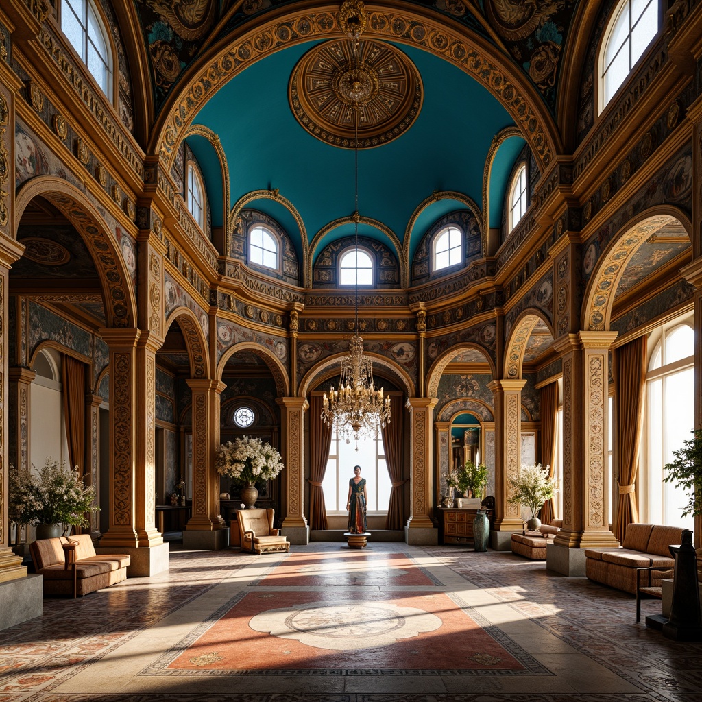 Prompt: Byzantine palace, intricate mosaics, azure domes, golden accents, ornate archways, majestic columns, luxurious furnishings, velvet drapes, gemstone encrustations, ornamental frescoes, lavish chandeliers, regal thrones, mystical ambiance, soft warm lighting, dramatic shadows, 1/1 composition, symmetrical framing, vivid textures, ambient occlusion.