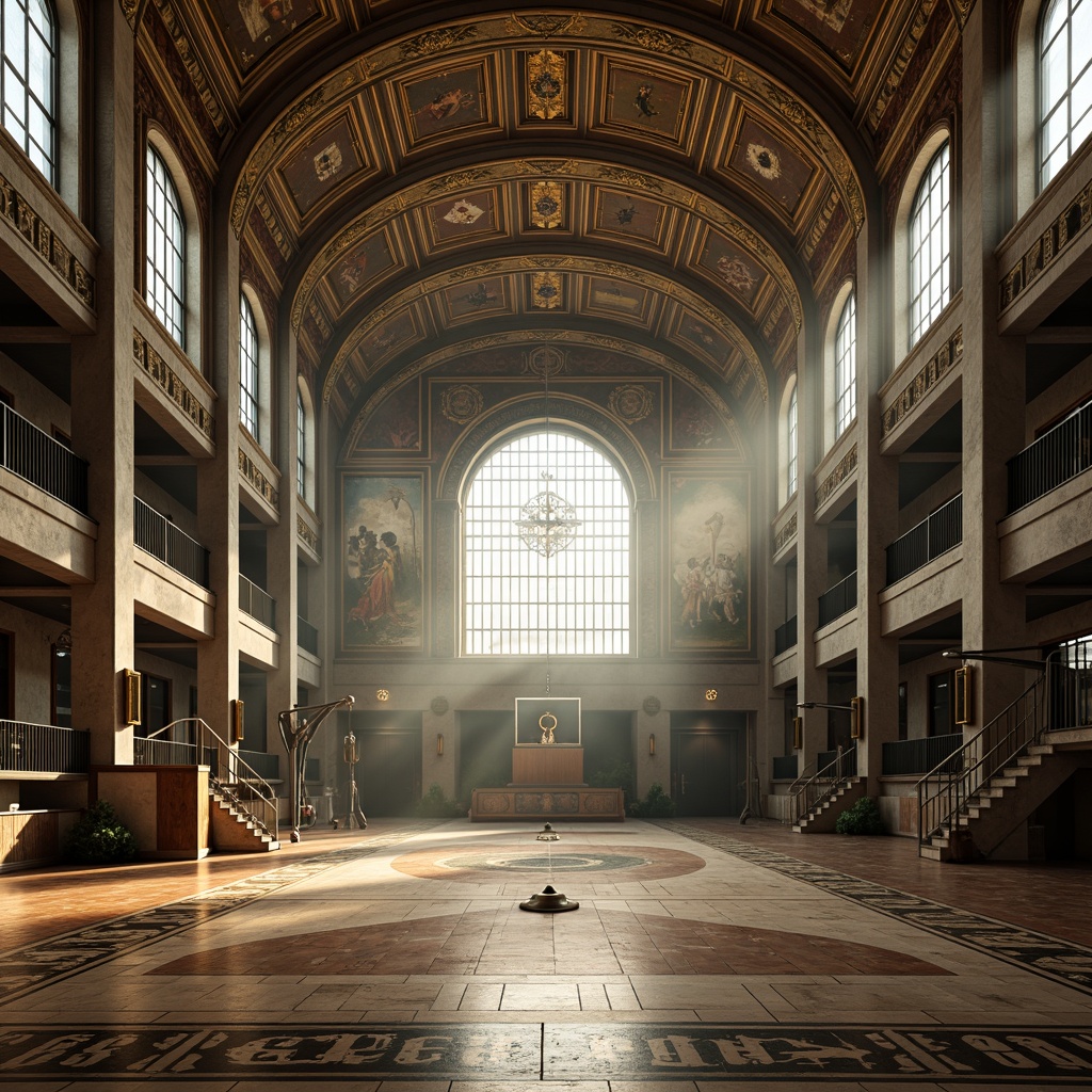 Prompt: Byzantine-style gymnasium, ornate stone carvings, golden domes, grand archways, vibrant mosaic patterns, intricate marble floors, high ceilings, large stained glass windows, dramatic natural lighting, atmospheric fog effects, symmetrical composition, 1/1 aspect ratio, cinematic camera angles, realistic textures, ambient occlusion, warm color palette, nostalgic atmosphere, athletic equipment, wooden flooring, sports-inspired murals, dynamic shadows, subtle animations.