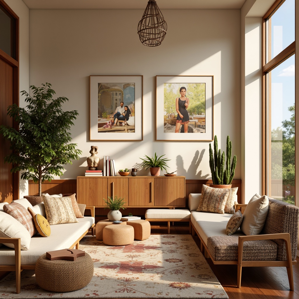 Prompt: Vibrant modern interior, pastel hues, soft cream walls, rich wood accents, bold statement furniture, eclectic decorative pieces, natural textiles, bohemian-inspired patterns, warm golden lighting, shallow depth of field, 1/1 composition, realistic textures, ambient occlusion.