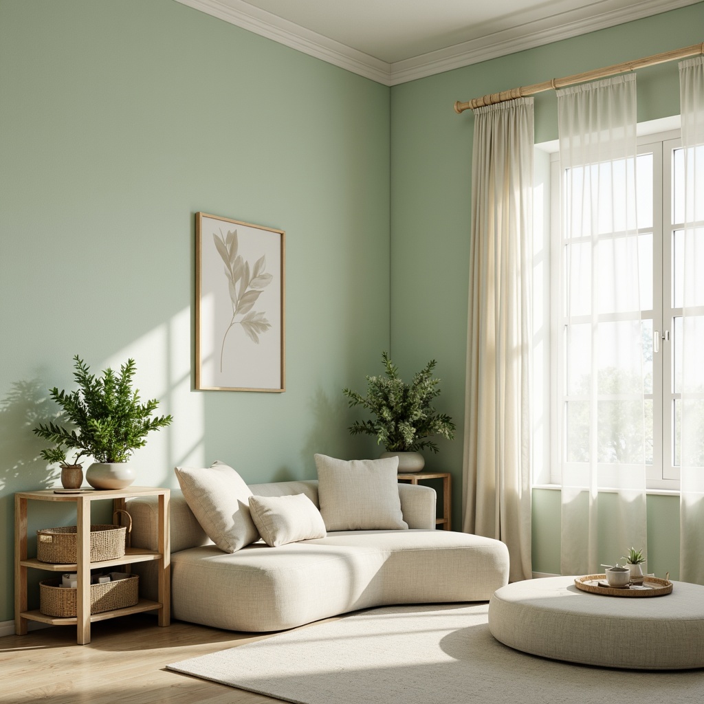 Prompt: Soft celadon hues, gentle curves, minimalist furniture, creamy whites, warm beige accents, natural textiles, woven baskets, potted plants, delicate ceramics, softbox lighting, shallow depth of field, 1/1 composition, intimate atmosphere, cozy reading nooks, floor-to-ceiling windows, sheer curtains, elegant simplicity, organic shapes, subtle patterns.