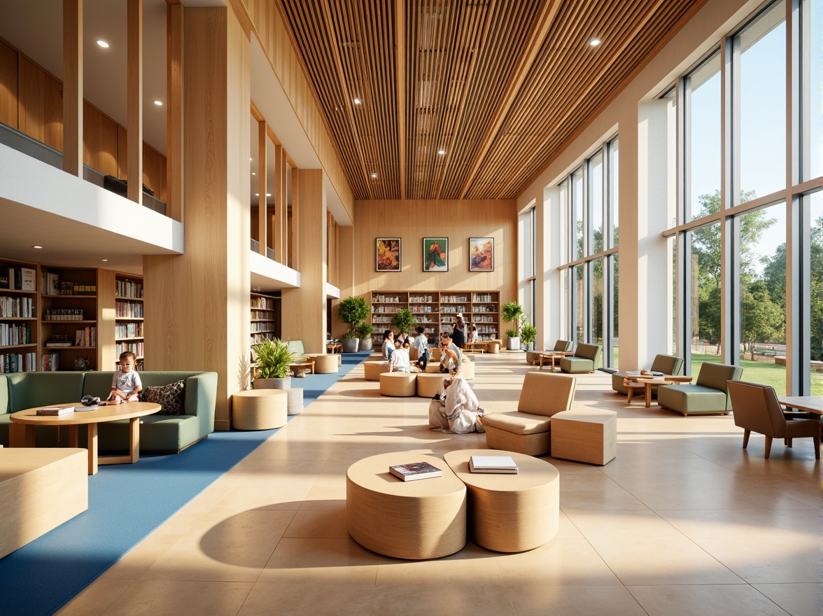 Prompt: Vibrant library interior, warm beige walls, rich wood accents, soft cream-colored shelves, calming blue undertones, cozy reading nooks, comfortable seating areas, natural light pouring in, floor-to-ceiling windows, minimalist decor, subtle texture contrasts, earthy tones, inviting atmosphere, warm task lighting, gentle color transitions, 2/3 composition, harmonious color scheme, realistic material reflections.