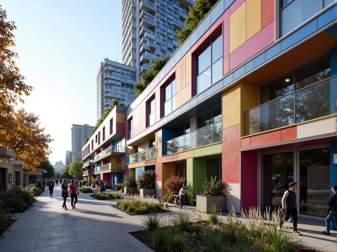 Prompt: Vibrant youth center facade, geometric shapes, bold color blocks, abstract patterns, dynamic angular lines, industrial materials, exposed ductwork, polished metal accents, transparent glass walls, cantilevered canopies, asymmetrical composition, dramatic shadows, high-contrast lighting, urban cityscape background, bustling street activity, morning sunlight, shallow depth of field, 2/3 composition, realistic textures, ambient occlusion.