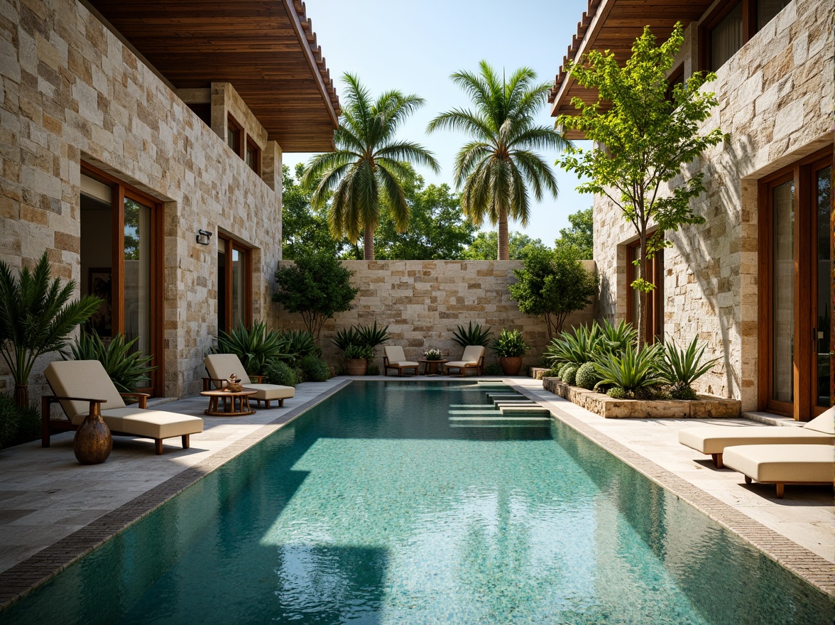 Prompt: Rustic swimming pool, natural stone walls, wooden accents, earthy tones, lush greenery, tropical plants, palm trees, sunny day, warm lighting, high ceilings, large windows, sliding glass doors, clerestory windows, cross ventilation, breeze circulation, evaporative cooling systems, water features, cascading fountains, misting systems, textured concrete floors, wooden pool decks, outdoor furniture, vibrant color schemes, 3/4 composition, soft focus, ambient occlusion.