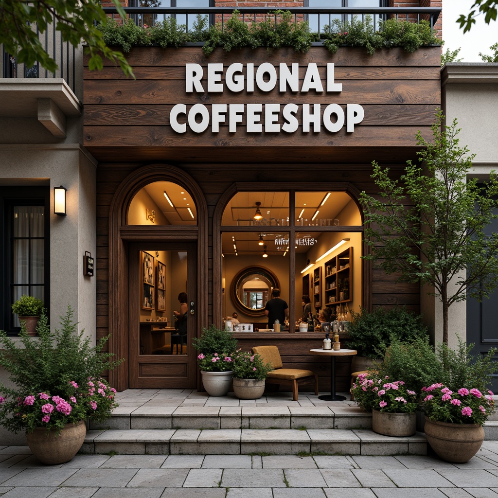 Prompt: Cozy coffee shop facade, regional rustic charm, earthy tones, wooden accents, vintage signage, arched windows, brick exterior, natural stone foundation, lush greenery, blooming flowers, outdoor seating area, warm string lighting, inviting atmosphere, shallow depth of field, 1/1 composition, realistic textures, ambient occlusion.