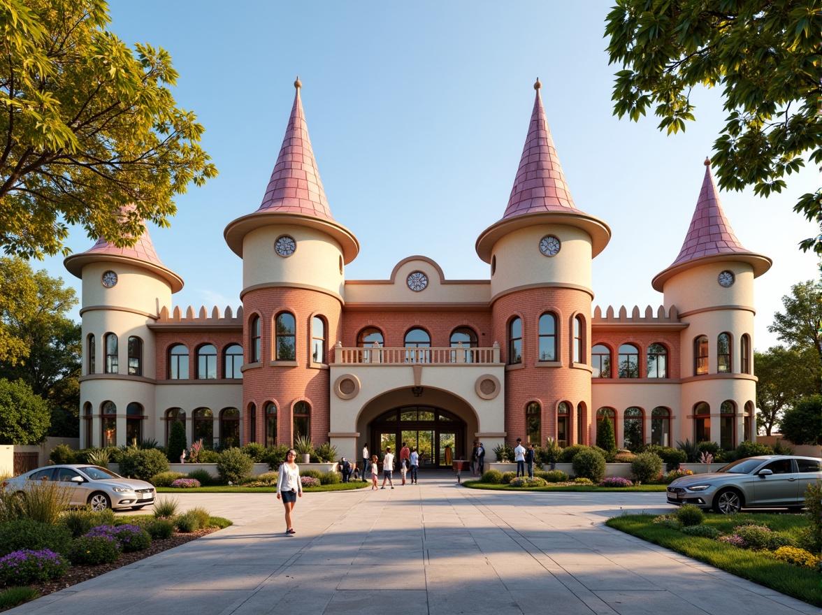 Prompt: Whimsical elementary school, playful turrets, fairytale-like towers, ornate brick facades, colorful stucco walls, curved lines, grand entrance archways, vibrant flower-patterned windows, soft pastel colors, natural stone foundations, lush greenery, blooming trees, sunny day, warm golden lighting, shallow depth of field, 3/4 composition, panoramic view, realistic textures, ambient occlusion.