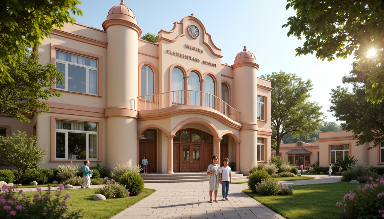 Prompt: Whimsical elementary school, vintage-inspired facades, soft pastel colors, ornate wooden doors, delicate ironwork, curved lines, playful turrets, fairytale-like architecture, lush greenery, blooming flowers, sunny afternoon, warm golden lighting, shallow depth of field, 1/1 composition, intimate view, realistic textures, ambient occlusion.