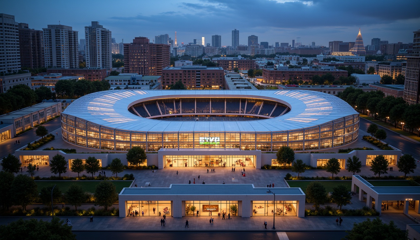 Prompt: Urban stadium, sleek modern architecture, grand entrance, large gates, pedestrian walkways, surrounding skyscrapers, bustling cityscape, vibrant streetlights, evening atmosphere, dramatic floodlighting, 1/2 composition, wide-angle lens, shallow depth of field, realistic textures, ambient occlusion.