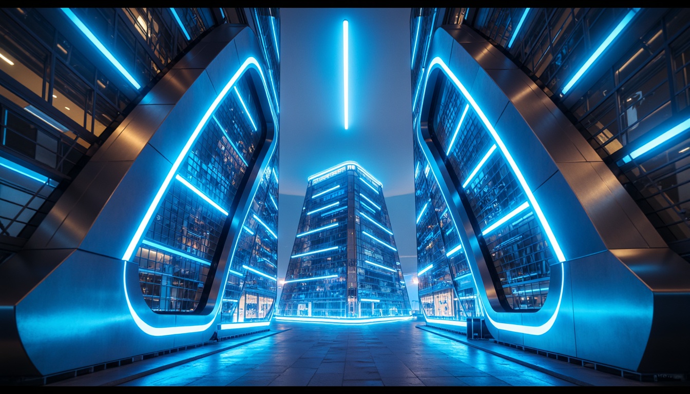 Prompt: Vibrant neon lights, glowing blue accents, metallic silver surfaces, iridescent hues, futuristic glass fa\u00e7ades, abstract shapes, curvaceous lines, sleek modern architecture, urban cityscape, misty atmospheric lighting, 1/1 composition, low-angle shot, cinematic depth of field, realistic reflections.