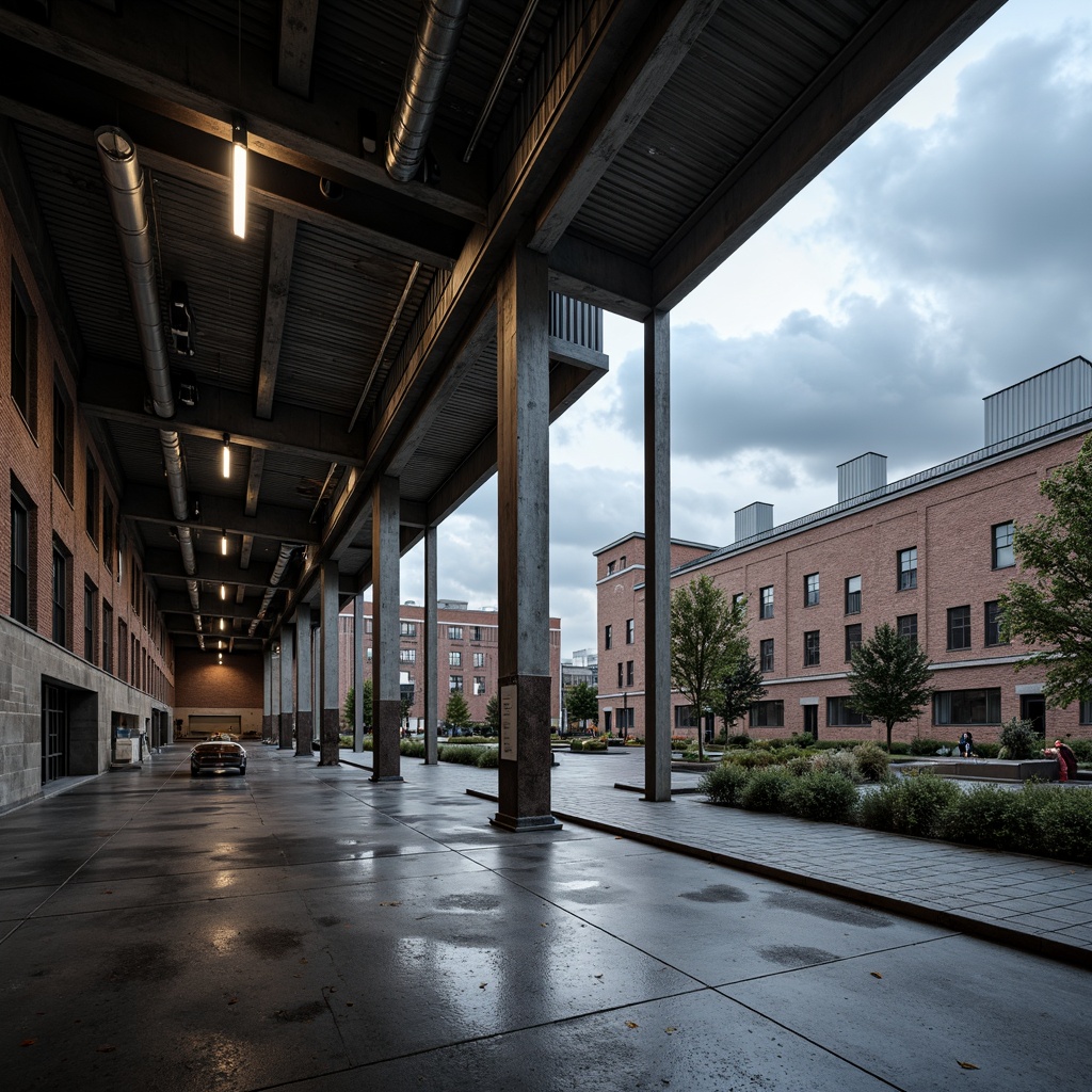 Prompt: Industrial warehouse, steel beams, metal columns, exposed ductwork, concrete floors, brick walls, modern architecture, urban landscape, cloudy sky, dramatic lighting, high contrast, deep depth of field, 1/1 composition, low-angle shot, realistic textures, ambient occlusion.