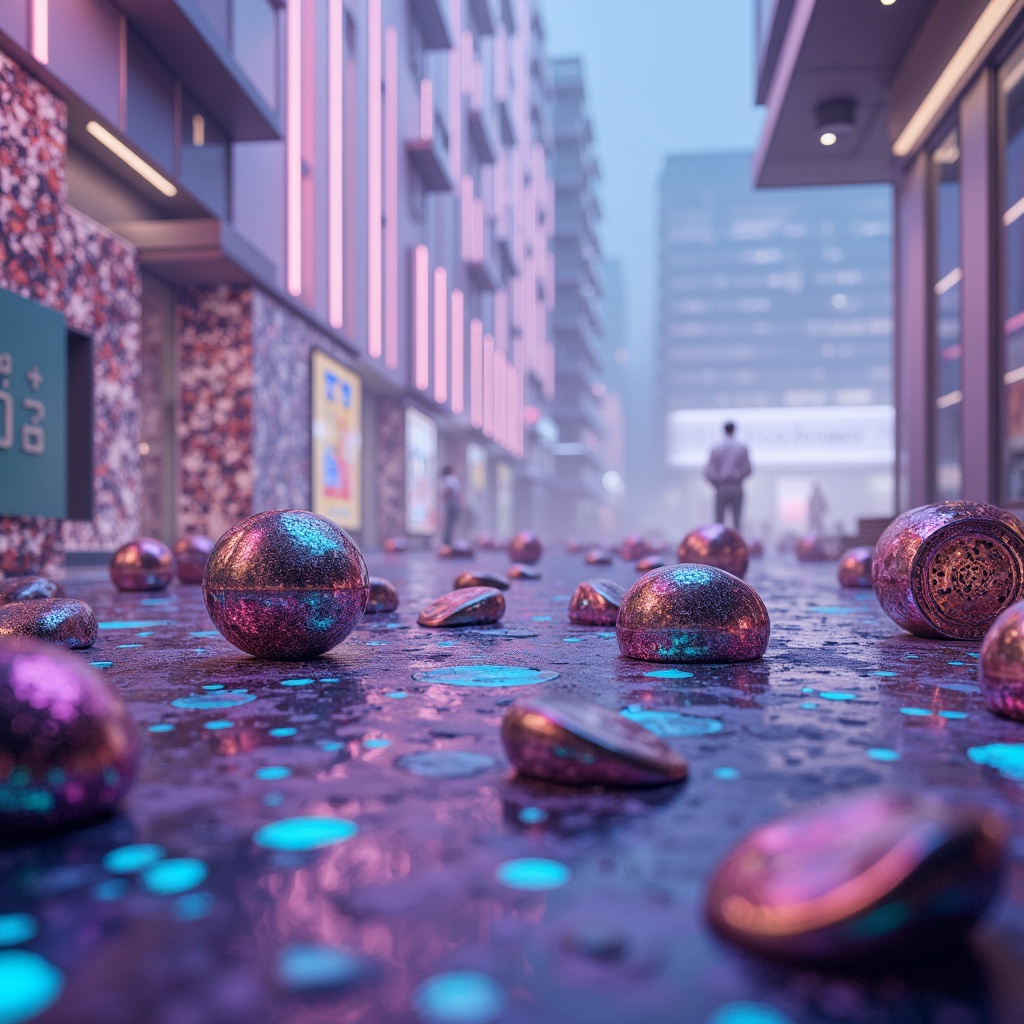 Prompt: Iridescent metallic blobs, glossy reflective surfaces, matte pastel hues, translucent acrylic panels, iridescent glass fragments, LED light installations, neon-lit accents, futuristic urban landscapes, misty atmospheric effects, shallow depth of field, 1/1 composition, cinematic lighting, vibrant color grading, realistic reflective materials, ambient occlusion.Let me know if you need any adjustments!