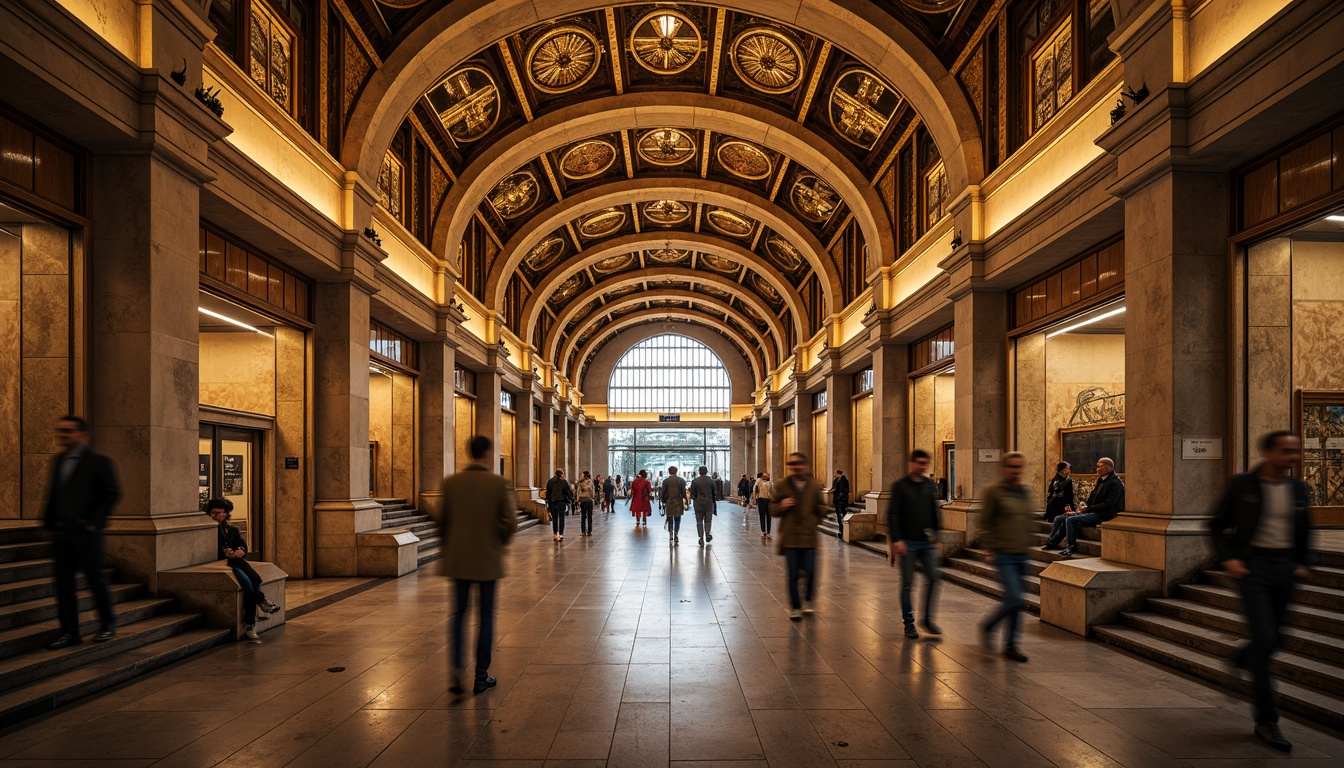 Prompt: Grandiose metro station, Romanesque archways, vaulted ceilings, ornate carvings, intricate mosaics, warm golden lighting, rustic stone walls, classic columns, elegant staircases, modern amenities, sleek trains, bustling urban atmosphere, morning rush hour, soft focus, shallow depth of field, 1/2 composition, symmetrical framing, realistic textures, ambient occlusion.