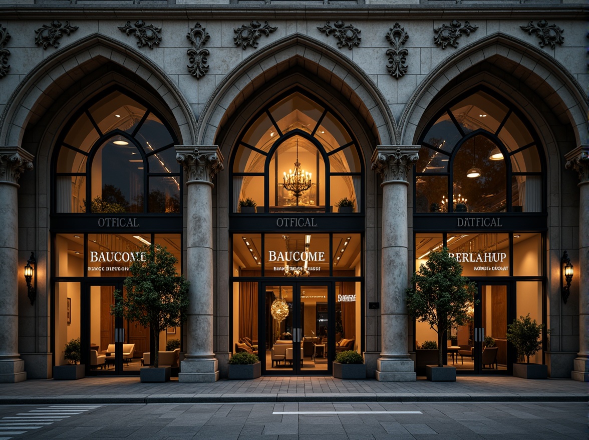 Prompt: Ornate office building facade, pointed arches, ribbed vaults, flying buttresses, intricate stone carvings, grandiose entranceways, heavy iron doors, stained glass windows, ornamental turrets, Gothic Revival architecture, dark mysterious ambiance, warm golden lighting, dramatic shadows, high contrast ratio, 1/2 composition, shallow depth of field, atmospheric perspective.