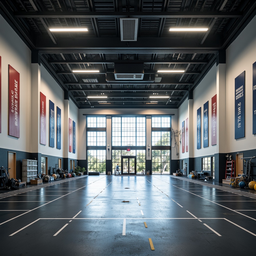 Prompt: Modern gymnasium interior, bright overhead lighting, LED strip lights, suspended ceiling fixtures, warm color temperature, high-intensity spotlights, floor-to-ceiling windows, natural daylight, athletic track flooring, sports equipment storage, motivational quotes on walls, sleek metal beams, minimalist decor, dynamic shadows, shallow depth of field, 1/2 composition, softbox lighting, realistic reflections.