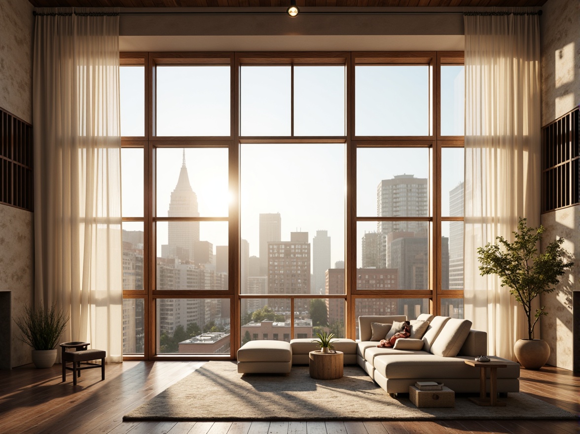 Prompt: Dramatic floor-to-ceiling windows, sleek minimalist frames, sheer white curtains, billowy drapes, natural linen fabrics, rustic wooden shutters, industrial metal accents, urban cityscape views, bright morning sunlight, warm golden afternoon glow, soft diffused lighting, shallow depth of field, 1/2 composition, atmospheric perspective, realistic glass reflections, ambient occlusion.