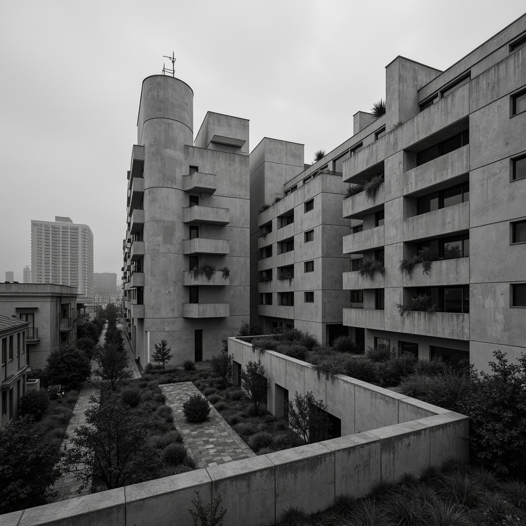 Prompt: Rugged brutalist architecture, monochromatic color scheme, bold concrete textures, industrial materials, geometric shapes, urban cityscape, overcast skies, dramatic shadows, high-contrast lighting, raw unfinished surfaces, cold atmospheric mood, cinematic composition, 2.35