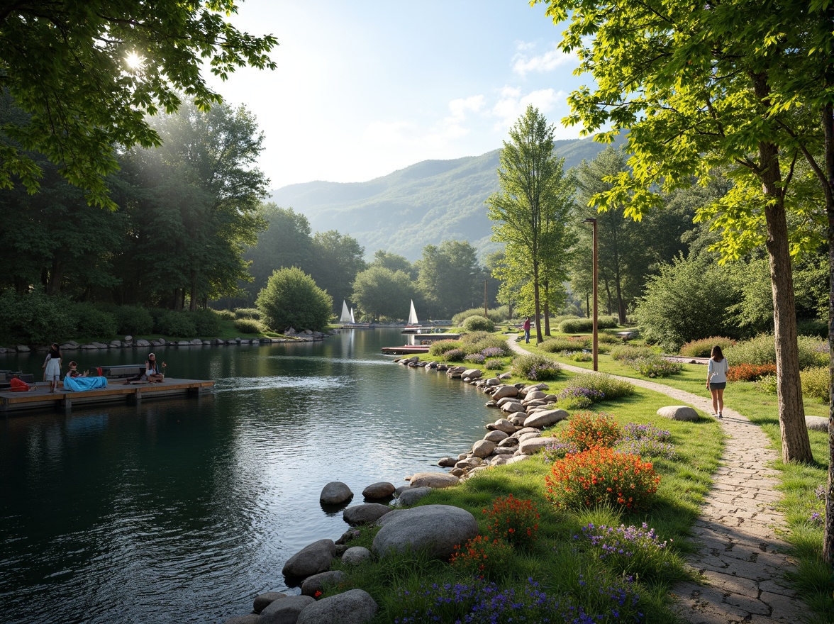 Prompt: Riverbank landscape, serene water flow, lush green vegetation, rocky shoreline, wooden docks, sailboats, kayaks, paddleboards, rustic benches, natural stone pathways, meandering trails, vibrant wildflowers, sunny day, soft warm lighting, shallow depth of field, 3/4 composition, panoramic view, realistic textures, ambient occlusion.