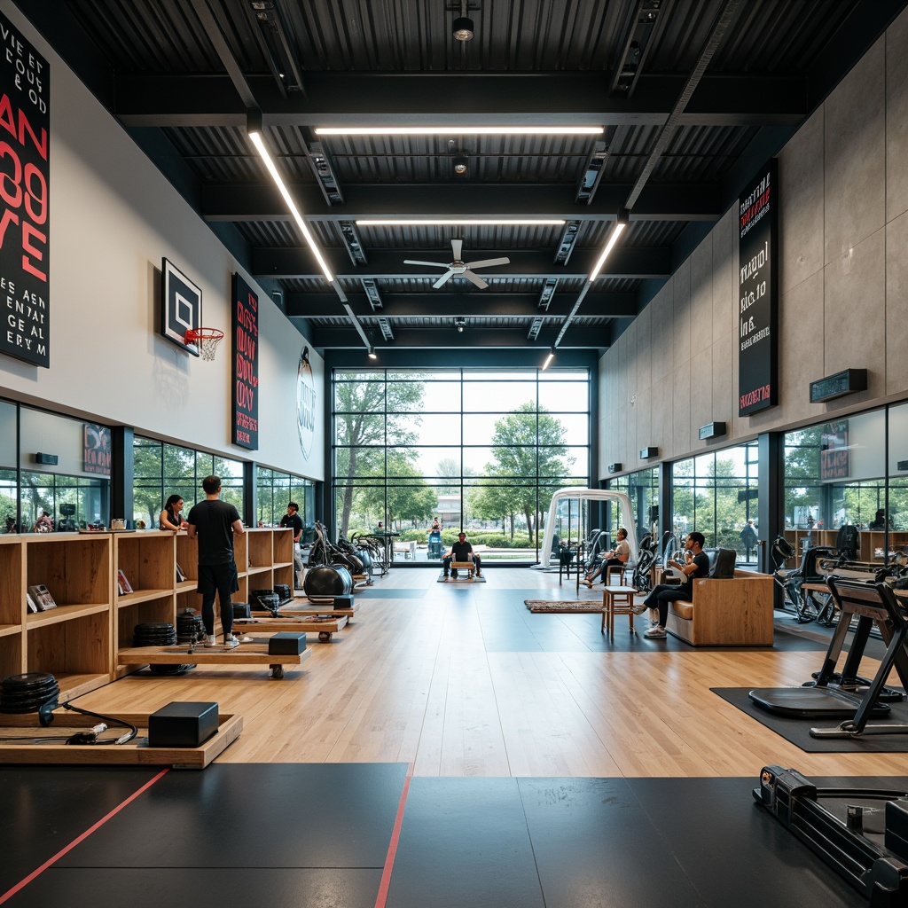 Prompt: Modern gym interior, sleek flooring, mirrored walls, professional sports equipment, basketball hoops, tennis courts, athletic tracks, exercise machines, free weights, yoga mats, wooden lockers, spacious corridors, natural ventilation, abundant daylight, high ceilings, minimalist decor, motivational quotes, dynamic color scheme, energetic atmosphere, shallow depth of field, 1/2 composition, softbox lighting, realistic textures.