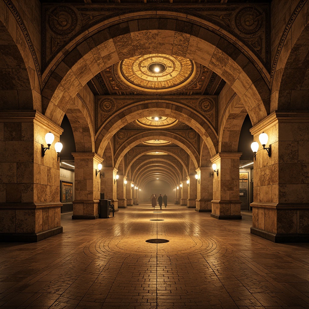 Prompt: Ancient Romanesque metro station, richly textured stone walls, rusticated columns, rounded arches, ornate carvings, grandiose vaulted ceilings, intricate mosaics, warm golden lighting, atmospheric fog effects, 1/2 composition, medium shot, high-contrast textures, ambient occlusion, realistic stone materials, detailed tile patterns.