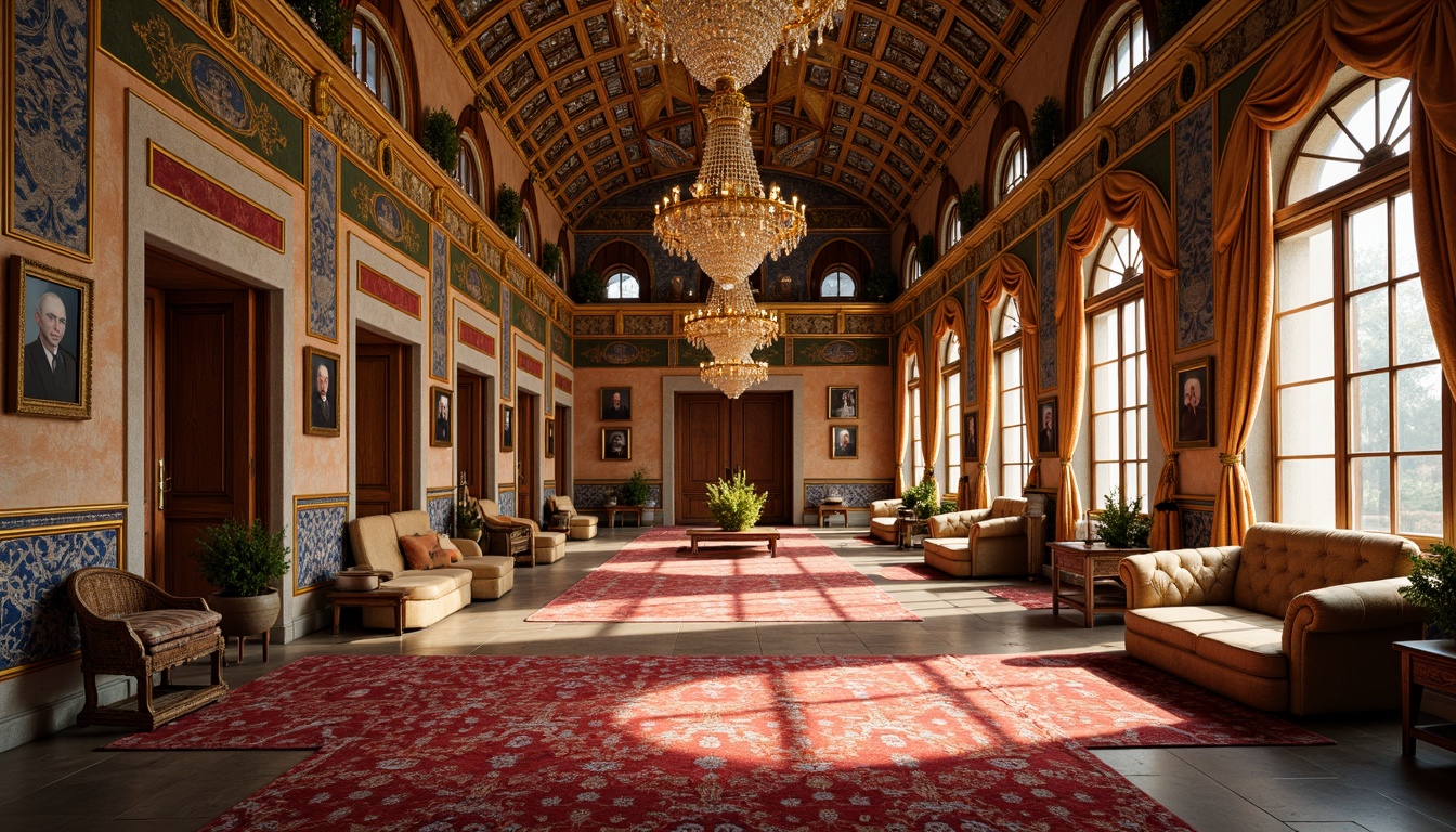 Prompt: Byzantine palace, ornate golden domes, intricate mosaics, azure blue accents, rich velvet fabrics, lavish jewel-toned tapestries, regal crimson reds, warm honey-colored stone walls, ornamental archways, grandiose chandeliers, soft warm lighting, shallow depth of field, 3/4 composition, realistic textures, ambient occlusion.