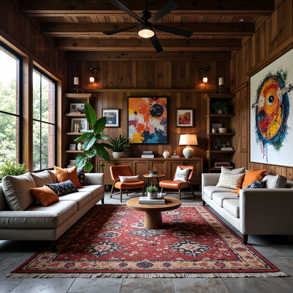 Prompt: Vibrant eclectic interior, mixed-patterned rugs, vintage furniture pieces, industrial metal accents, reclaimed wood walls, abstract artwork, bold colorful textiles, oversized lamps, open shelving units, decorative trinkets, cozy reading nooks, plush throw pillows, natural stone flooring, eclectic decor styles, bohemian-inspired accessories, warm ambient lighting, shallow depth of field, 1/2 composition, realistic textures, soft focus effect.