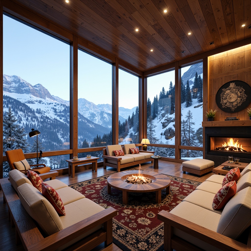 Prompt: Snow-capped mountains, frosty mornings, wooden ski lodges, warm fireplaces, cozy cabin interiors, vibrant ski gear, snowflake patterns, icy blues, crisp whites, earthy browns, rich tans, creamy beiges, warm golden lighting, soft focus, shallow depth of field, 1/1 composition, realistic textures, ambient occlusion.