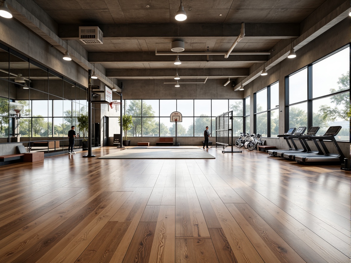 Prompt: Modern gymnasium interior, open-plan layout, mirrored walls, polished wooden floors, professional sports equipment, basketball hoops, volleyball nets, exercise mats, free weights, treadmills, stationary bikes, motivational quotes, natural light, high ceilings, industrial-style lighting, concrete columns, minimalist decor, functional storage spaces, sleek benches, water bottle refill stations, sound-absorbing materials, acoustic panels, wide corridors, accessible entrances, wheelchair-friendly facilities, safety flooring, shock-absorbing surfaces, panoramic windows, exterior views, realistic textures, ambient occlusion.