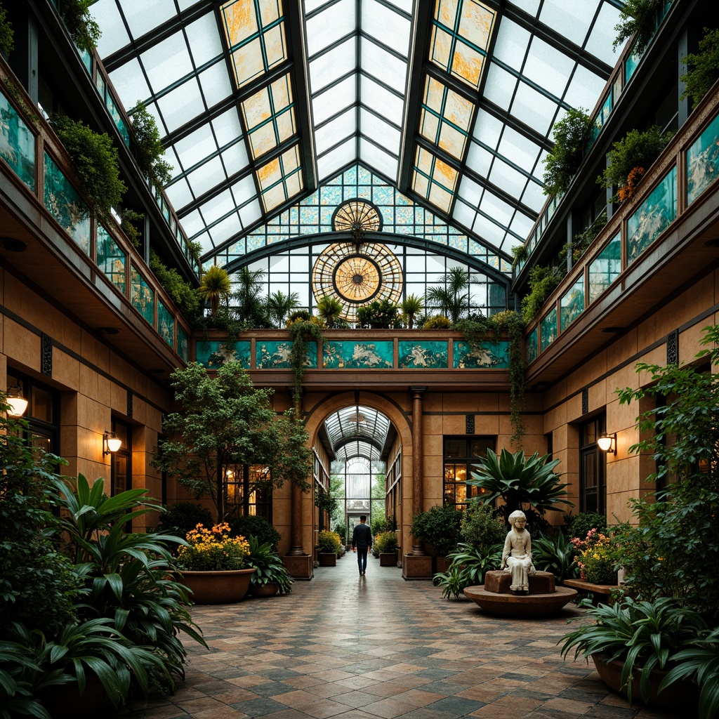 Prompt: Luxurious Art Deco greenhouse, ornate metal frames, stained glass windows, elegant wooden doors, exotic plant species, intricate mosaics, geometric patterns, vibrant turquoise accents, lavish gold leaf details, ornamental sculptures, lush greenery, tropical flowers, soft warm lighting, shallow depth of field, 3/4 composition, panoramic view, realistic textures, ambient occlusion.